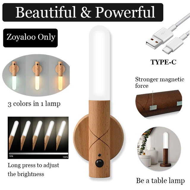 Zoyaloo LED Wood USB Night Light Magnetic Wall Lamp